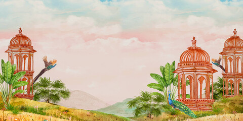 Udaipur wallpaper art hand painted digital illustration for wall art