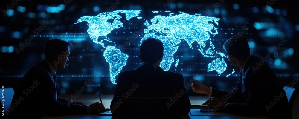 Poster business professionals analyzing global data in a high-tech environment with digital world map proje