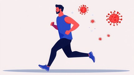Obraz premium Healthy person running with strong immune shield, fitness and immunity concept, vector art, isolated on white background