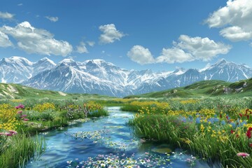 A wide-open mountain meadow with vibrant wildflowers under a bright blue sky