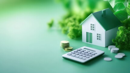 Conceptual image illustrating finance, real estate, and eco-friendliness with a model house, calculator, and coins on a green background.