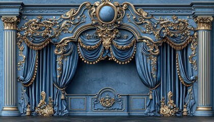Obraz premium Ornate Gold and Blue Wall with Draped Curtains and Pillars