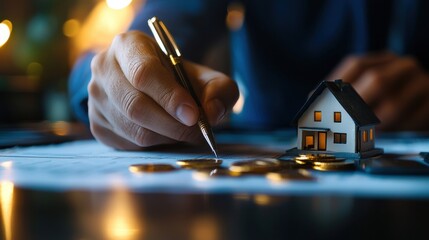 Hand signing a document with a house model and coins, symbolizing real estate investment and financial planning.