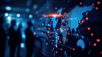 Futuristic world map with digital connections, showcasing data visualization and technology in a corporate environment.