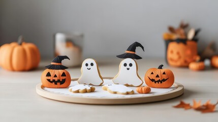 A paper cut Halloween cookie platter with ghost, pumpkin, and witch hat cookies