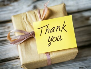 A yellow sticky note with Thank you written in simple handwriting, attached to a gift box wrapped with a ribbon on a wooden table