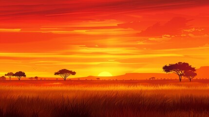 A vast savannah landscape under a brilliant orange and red sunset
