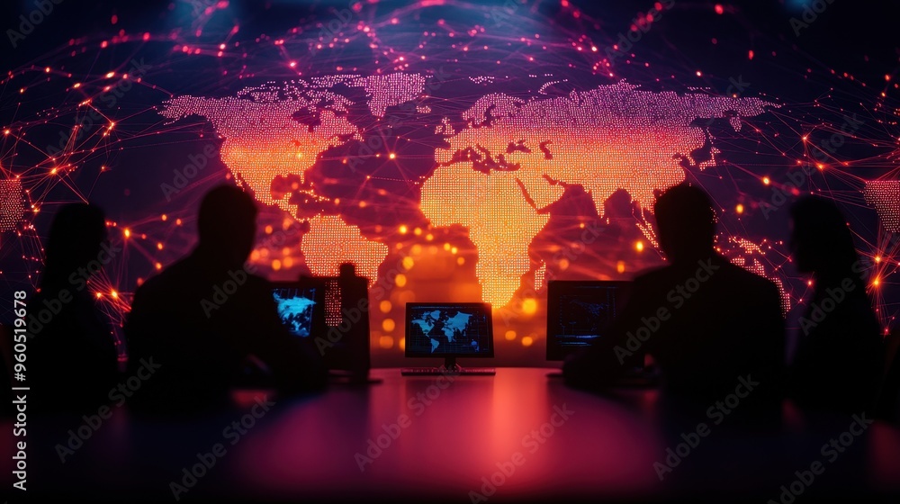 Poster silhouettes of professionals analyzing global data on computers with a digital world map backdrop, s