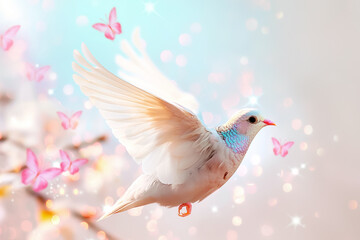 Fototapeta premium A white dove soars gracefully through the air, its wings spread wide, as delicate butterflies flutter around it, creating a serene atmosphere filled with pastel colors