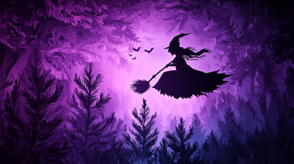 Fototapeta premium A witch flying on broomstick through mystical forest, surrounded by purple hues and silhouetted trees, creates an enchanting atmosphere.
