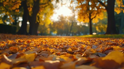 Autumn background with orange fall leaves. Garden scene on fall season with bright shiny sun ray and maple tree