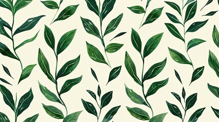 Abstract Green Leaf Pattern on Cream Background