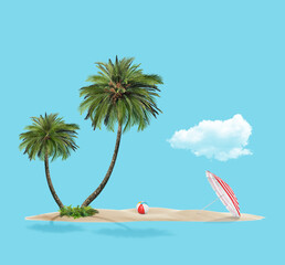 Summer travel to tropical island. Sand with palm trees, beach umbrella and ball. Light blue background as sky and sea