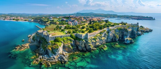 Fototapeta premium Majestic Aerial View of Ancient Coastal Fortress and Town in Detailed Quality