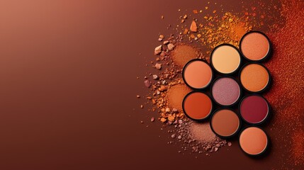 Vibrant makeup palette showcasing a variety of warm hues next to scattered pigments on a rich brown background.