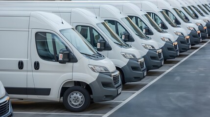 A row of white delivery vans parked neatly in a large parking area. The vans belong to a...