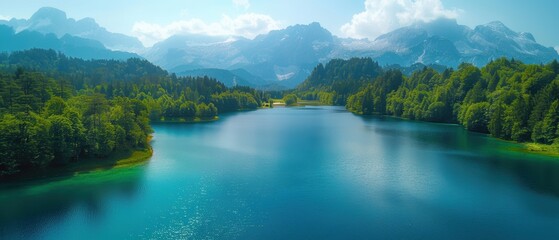 Majestic Mountain Lake: Aerial View of Pristine Alpine Water, Forests, and Peaks in Clarity