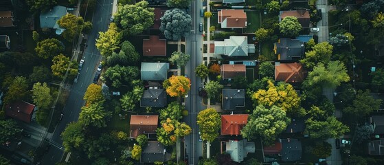 Fototapeta premium Aerial View of Lush Residential Neighborhood in - Houses, Gardens, and Tree-Lined Streets