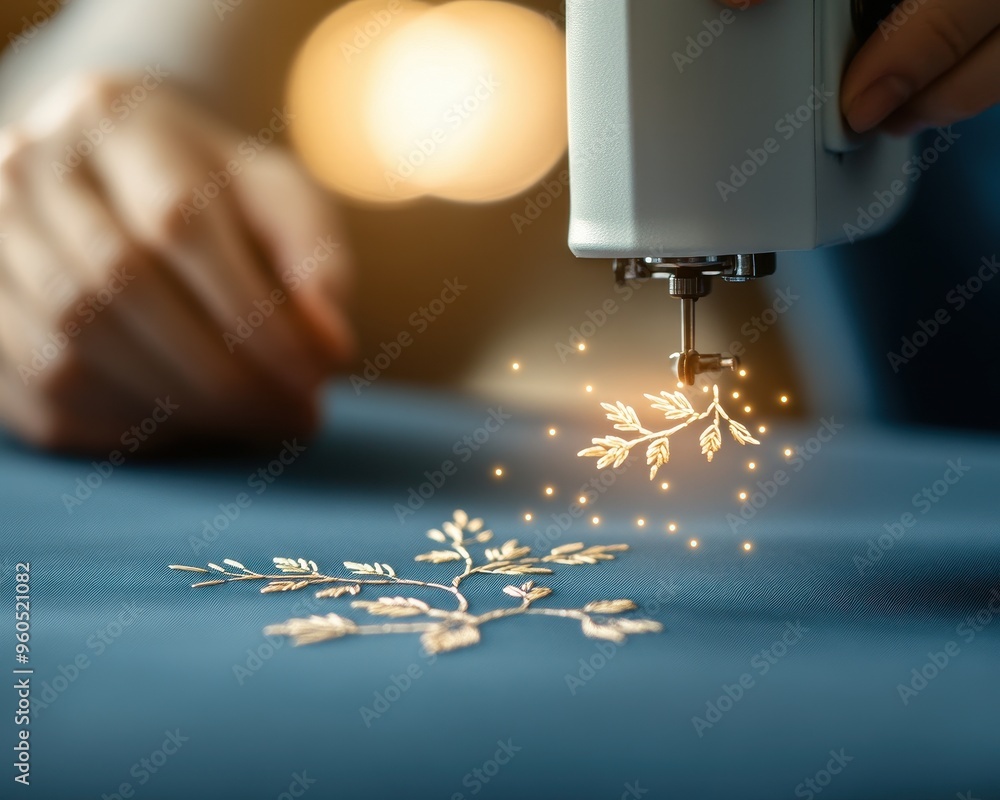 Poster a close-up of embroidery machine creating delicate floral designs on fabric with sparkling threads, 