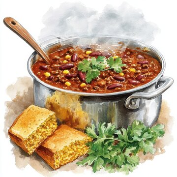 A watercolor of a steaming pot of chili, served with cornbread and garnished with fresh cilantro