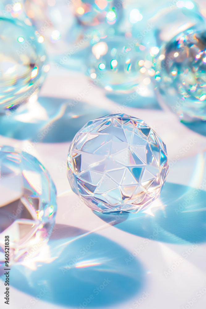 Poster various clear crystal spheres are scattered across a light blue surface, capturing and reflecting su