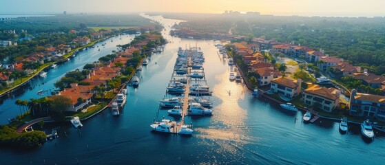 Naklejka premium Majestic Aerial Panorama of Luxurious Marina with Moored Boats and Waterfront Estates in