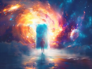 Fototapeta premium A Person Stepping Through a Bright and Hopeful Doorway into an Unknown Future Embracing the Energy of New Beginnings