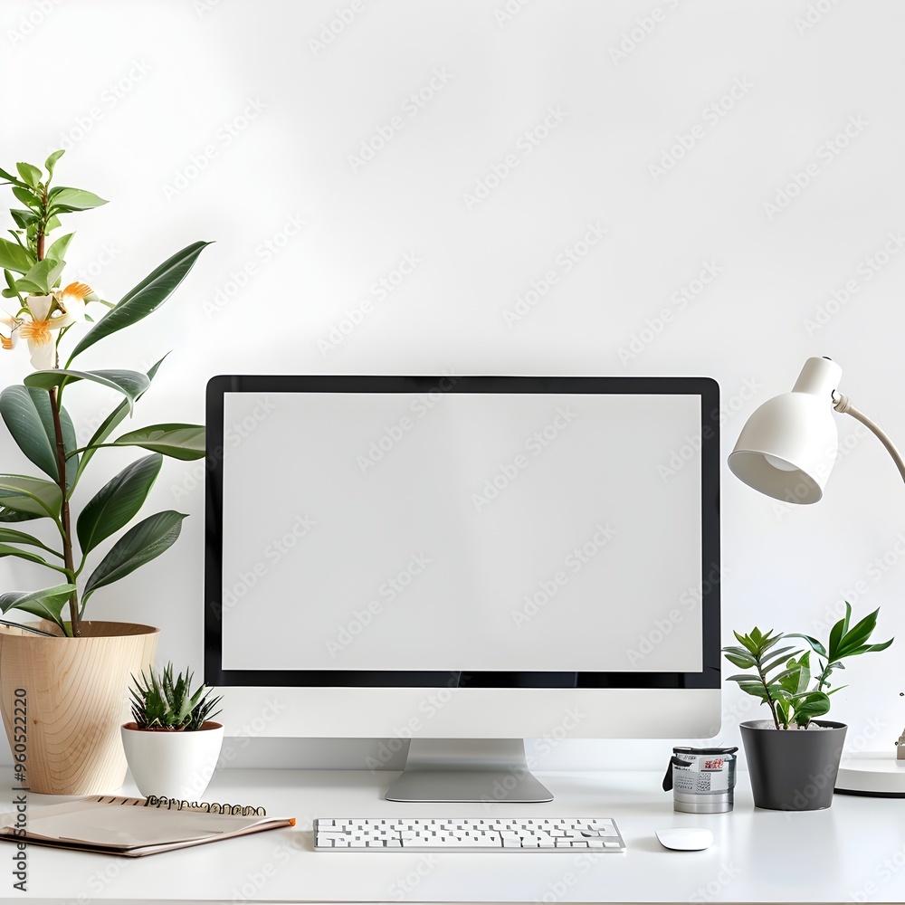 Poster organized minimalist workspace ready for new creative projects with conceptual white desk and blank 