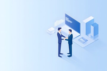 Fototapeta premium Two Businessmen Shaking Hands in Front of a Laptop and Data Visualization