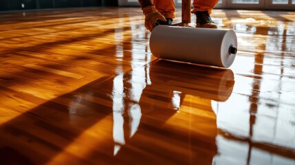 A professional applying varnish on a wooden floor with a roller, showcasing a smooth, glossy finish in natural light.