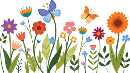 Watercolor style beautiful wildflowers, field of flowers with butterflies, seamless border isolated on a clear background, vector illustration.