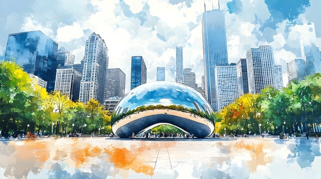 Watercolor Impressionist Cityscape with Iconic Millennium Park Sculpture