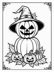 a coloring book page that includes a pumpkin wearing a witches hat