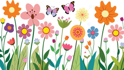 Watercolor style beautiful wildflowers, field of flowers with butterflies, seamless border isolated on a clear background, vector illustration.