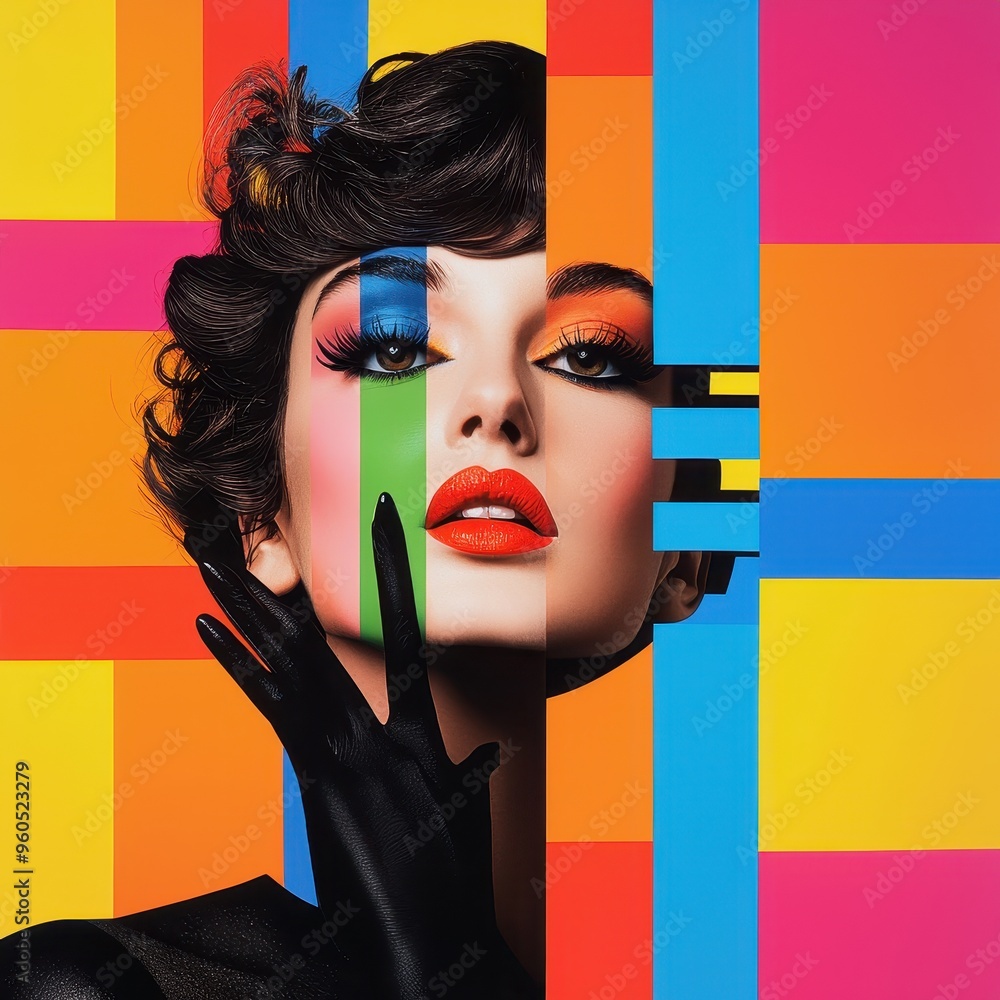 Wall mural a vibrant portrait showcasing bold makeup art against a colorful, abstract background. perfect for f