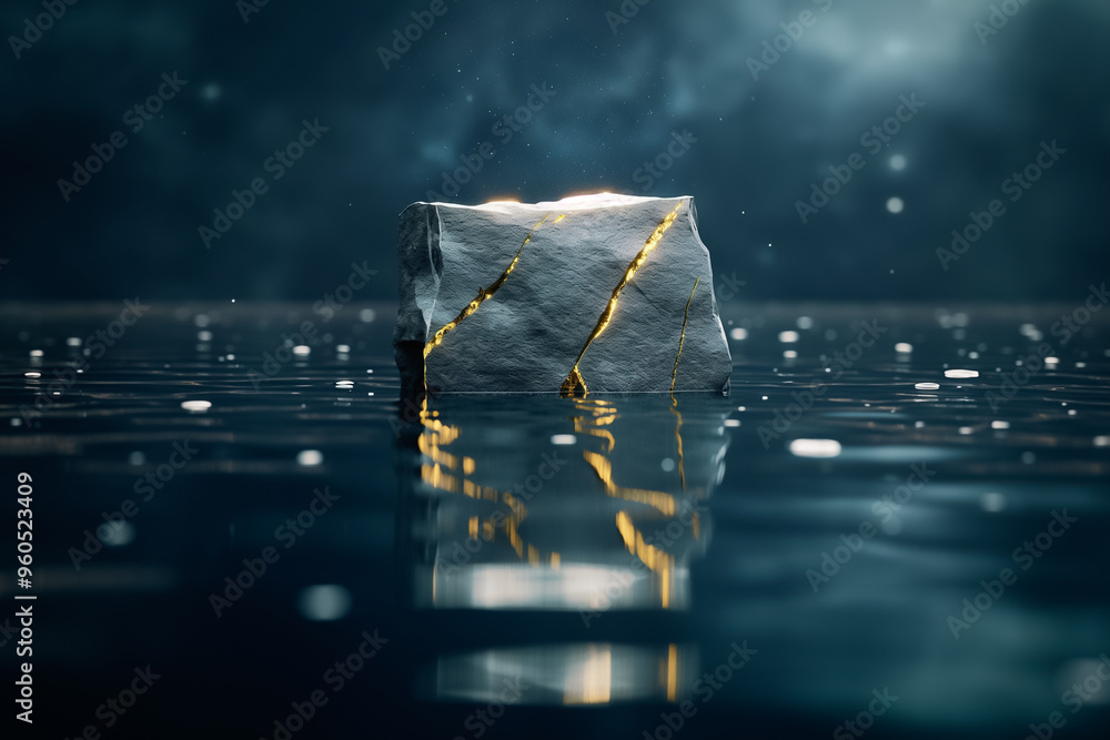 Poster a stone block rests on tranquil waters, faintly glowing with a warm light, while soft reflections da