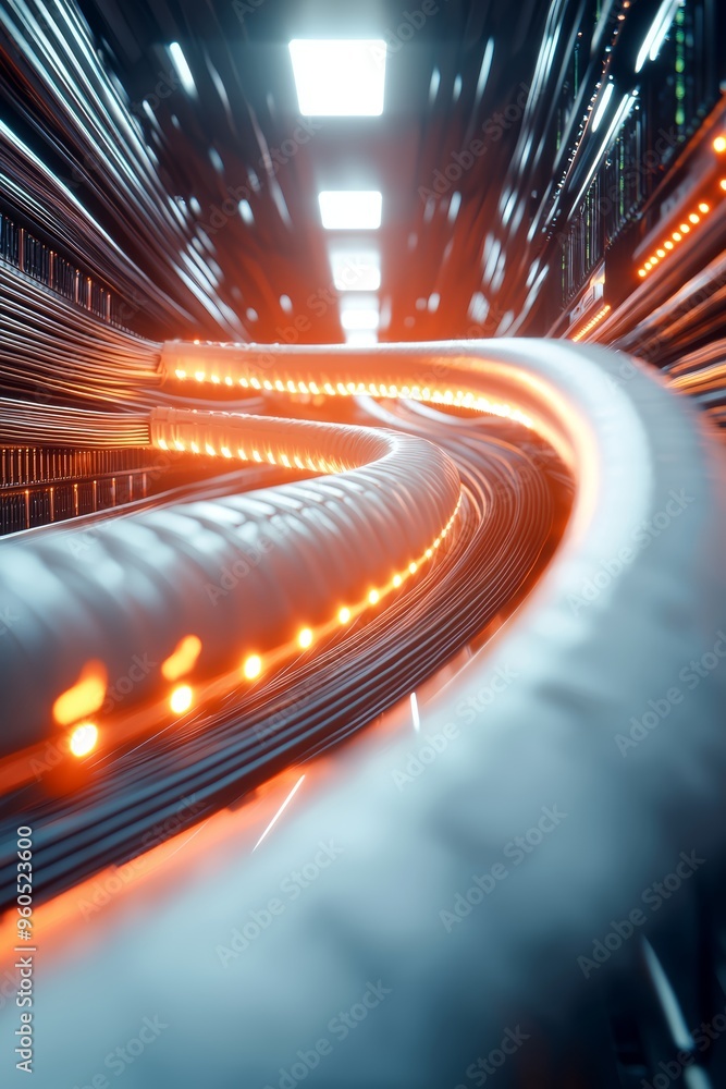 Poster a futuristic data center with rows of glowing servers and cables neatly organized