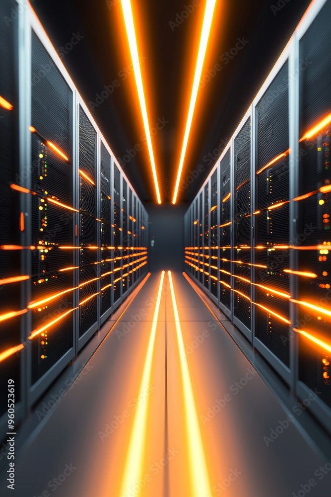 Poster a futuristic data center with rows of glowing servers and cables neatly organized