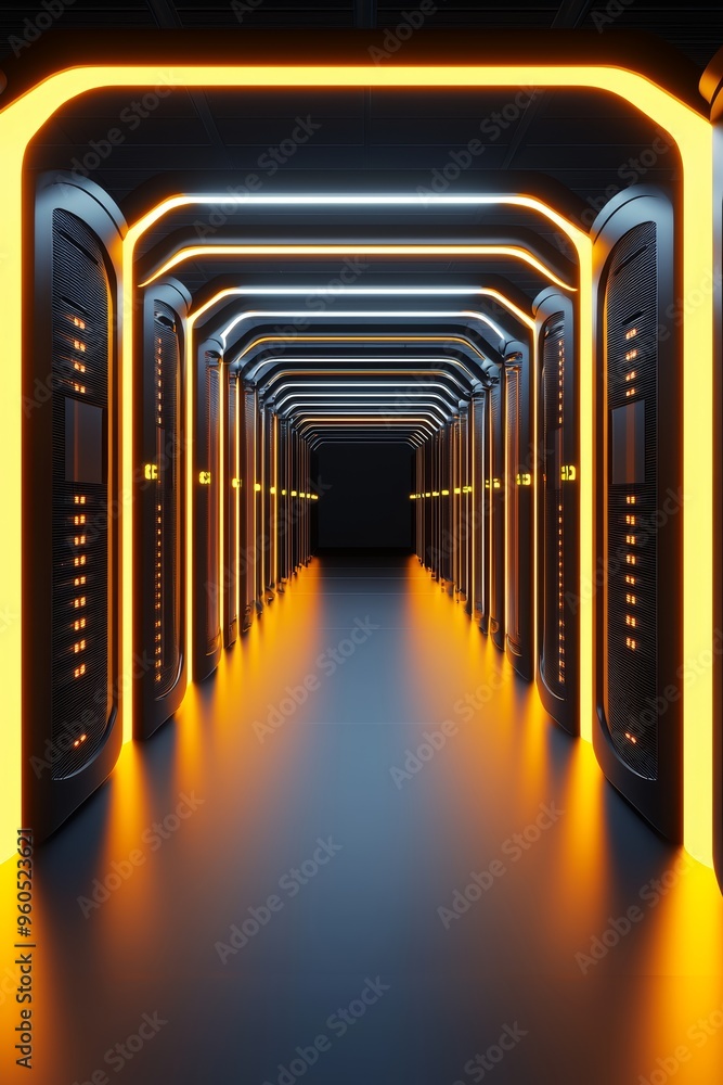 Poster a futuristic data center with rows of glowing servers and cables neatly organized