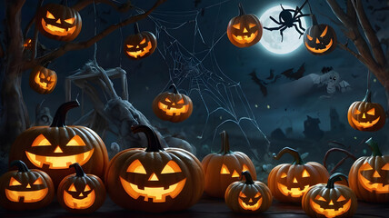 Spooky Halloween night with glowing jack-o'-lanterns and a full moon illuminating the eerie atmosphere