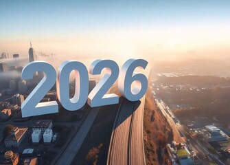 Happy New Year 2026 The number 2026 is located on the highway in the big city in the morning. generative ai