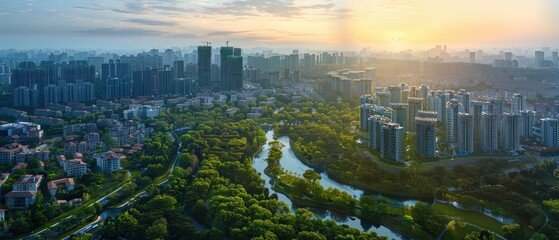 Naklejka premium Urban Oasis: Aerial View of Modern Cityscape Blending Architecture and Green Spaces