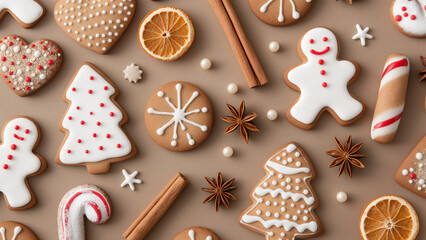 Weihnachtliche Draufsicht mit festlichen Lebkuchenpl&auml;tzchen mit Zuckerguss und Gew&uuml;rzen, dekoriert mit Zuckerstangen, Anis und Orangenscheiben auf braunem Hintergrund, Dekoration f&uuml;r Feiertage