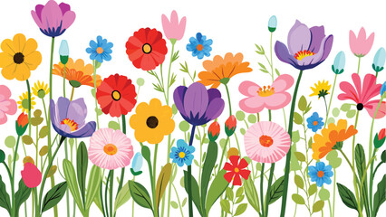 Watercolor style beautiful wildflowers, field of flowers with butterflies, seamless border isolated on a clear background, vector illustration.