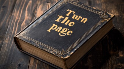 An aged book titled 'Turn the page' laid on a wooden surface, embodying the journey through time, learning, and historical reflection with its timeworn look.