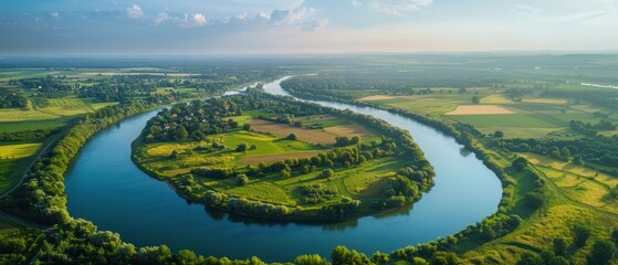 Obraz premium Serene Aerial View of Rural Landscape with Winding River and Patchwork Fields in Quality