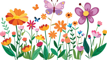 Watercolor style beautiful wildflowers, field of flowers with butterflies, seamless border isolated on a clear background, vector illustration.
