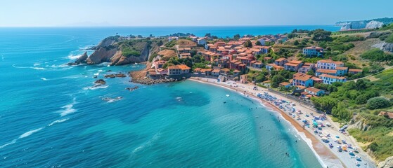 Serene Coastal Charm: Aerial View of Colorful Village by Sandy Beaches and Blue Waters in 8k UHD Resolution