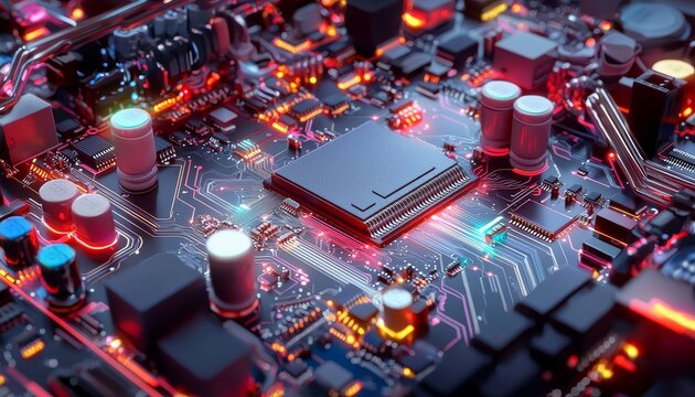 A close-up of an intricate motherboard with processors, capacitors, and circuits