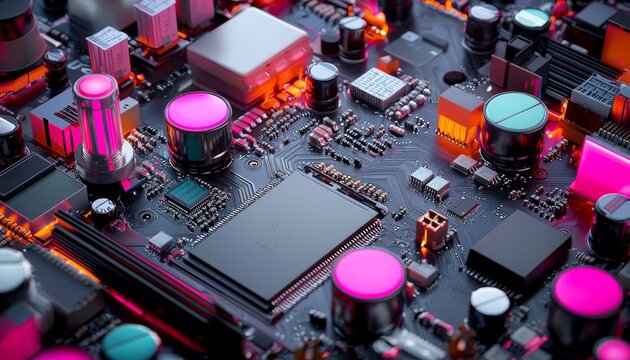 A close-up of an intricate motherboard with processors, capacitors, and circuits